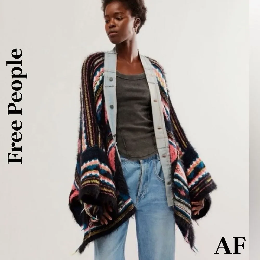 Free People Running Wild Poncho in Black Lighting XS/S New